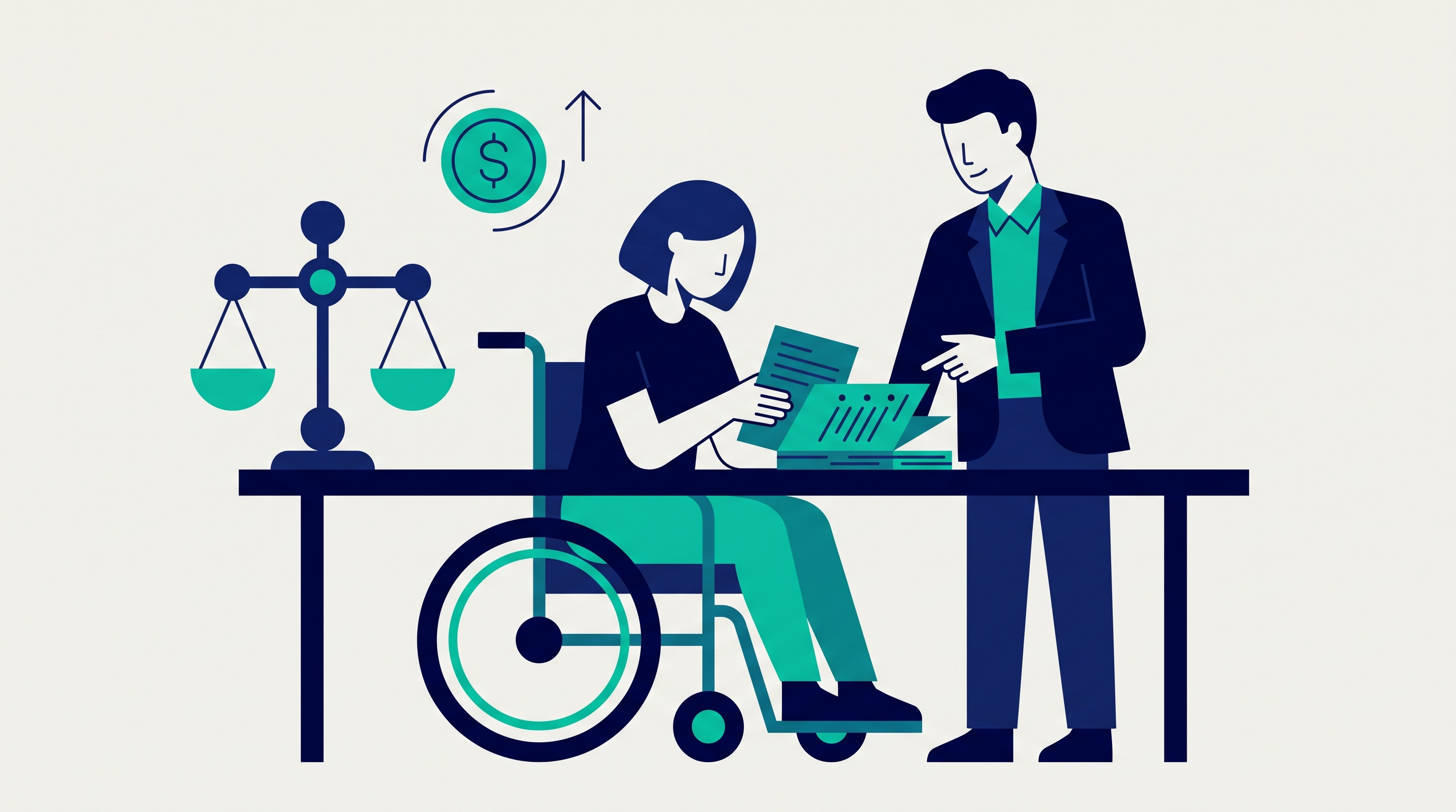 Flat vector illustration of a wheelchair user reviewing settlement paperwork with an advocate beside a scale of justice and a rising dollar coin, representing an ADA discrimination settlement in New York