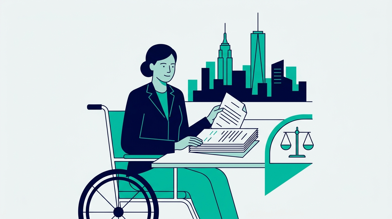 Woman using a wheelchair reviewing legal documents at a desk, with the New York City skyline and a scale of justice icon in the background, representing a disability discrimination settlement case