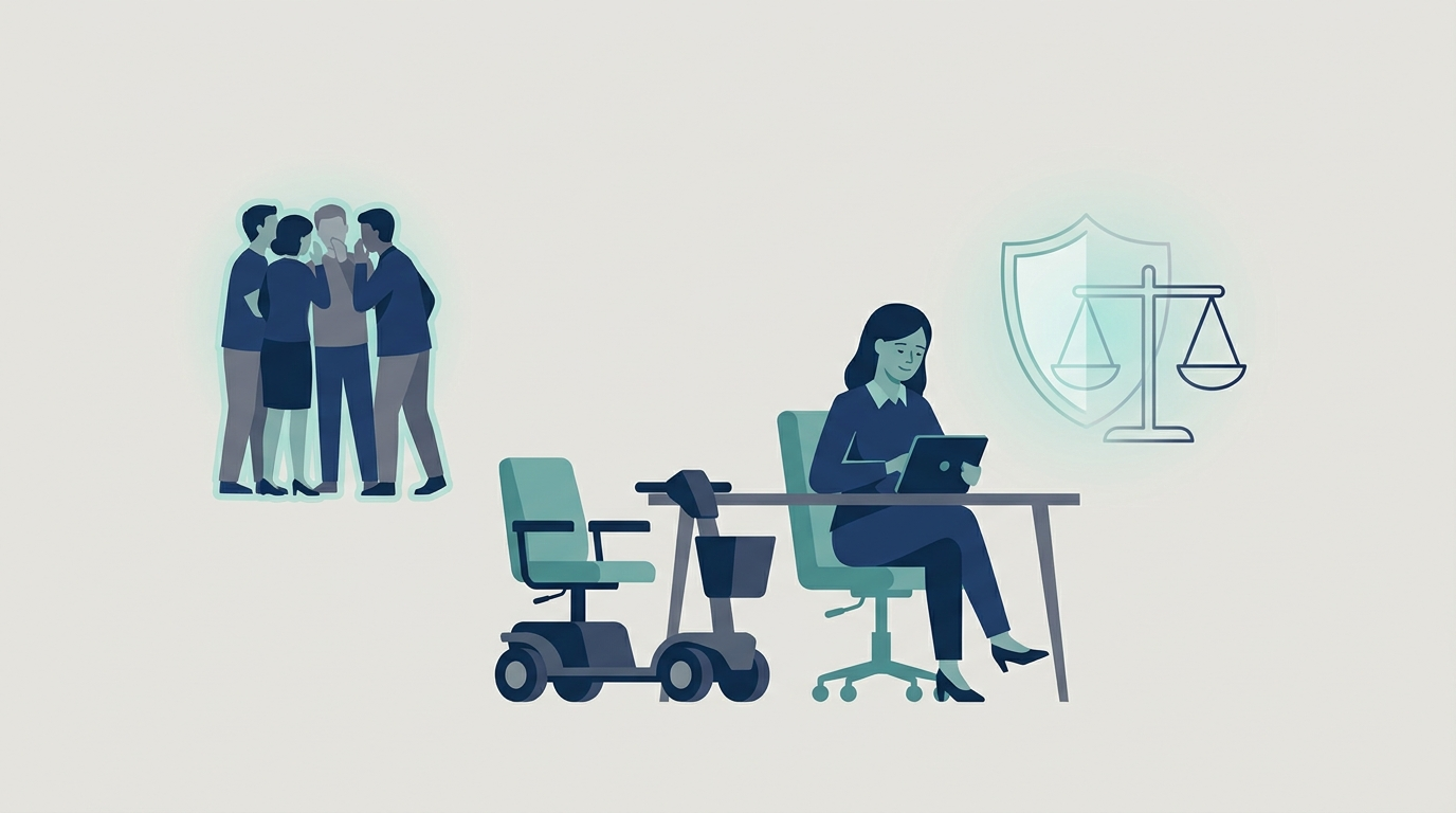 Illustration of an isolated employee at her desk near a mobility scooter while coworkers whisper nearby and a shield-and-scale icon represents legal protection against workplace disability harassment in New York