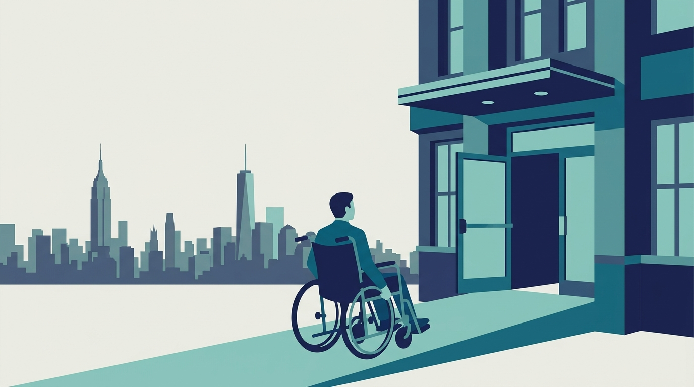 Illustration of a wheelchair user approaching an accessible entrance ramp with the New York City skyline in the background