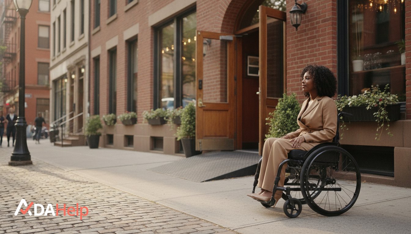 Photo of a wheelchair user facing an inaccessible entrance at a New York City public building