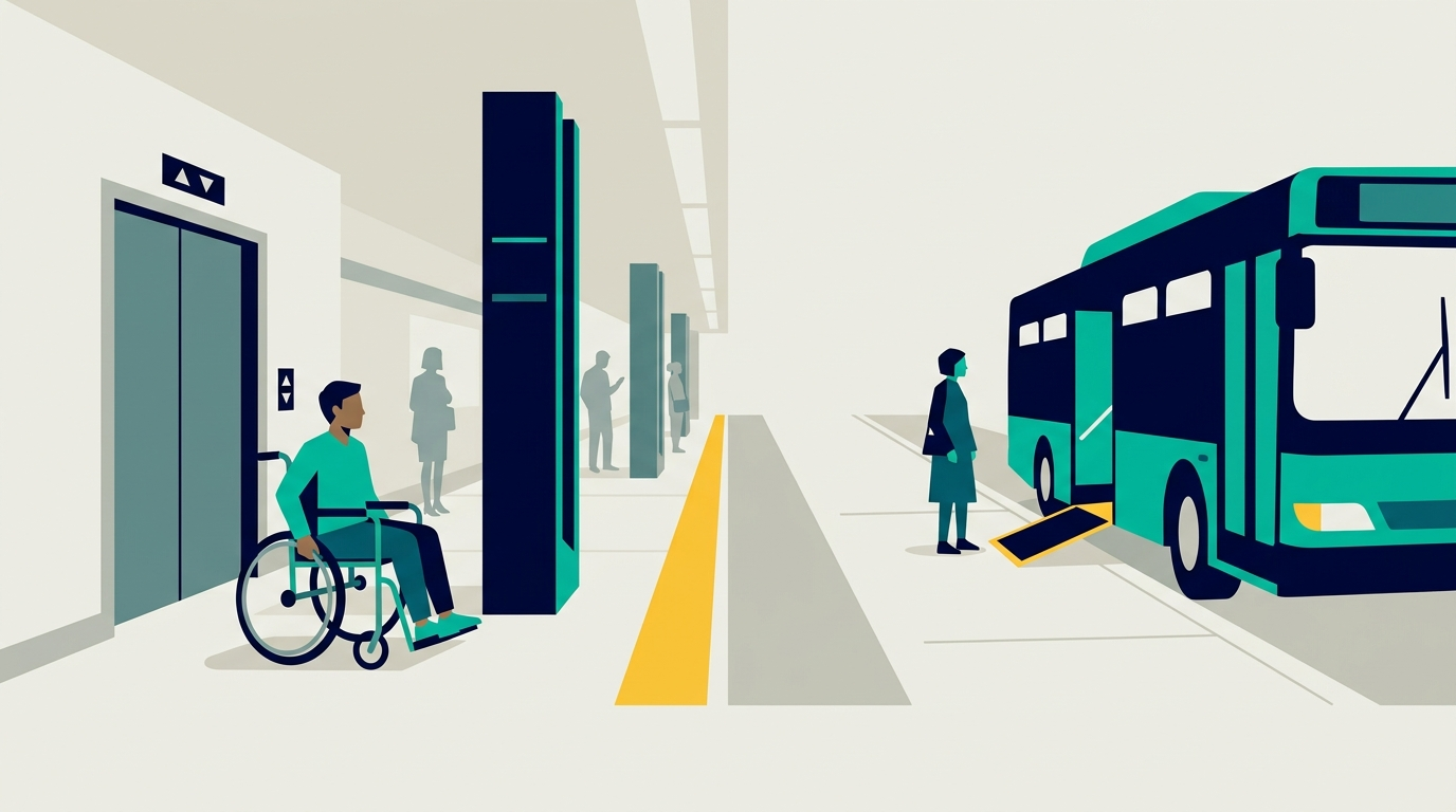 Ilustración de un usuario de silla de ruedas junto a un ascensor del metro y un autobús con rampa desplegada en Nueva York