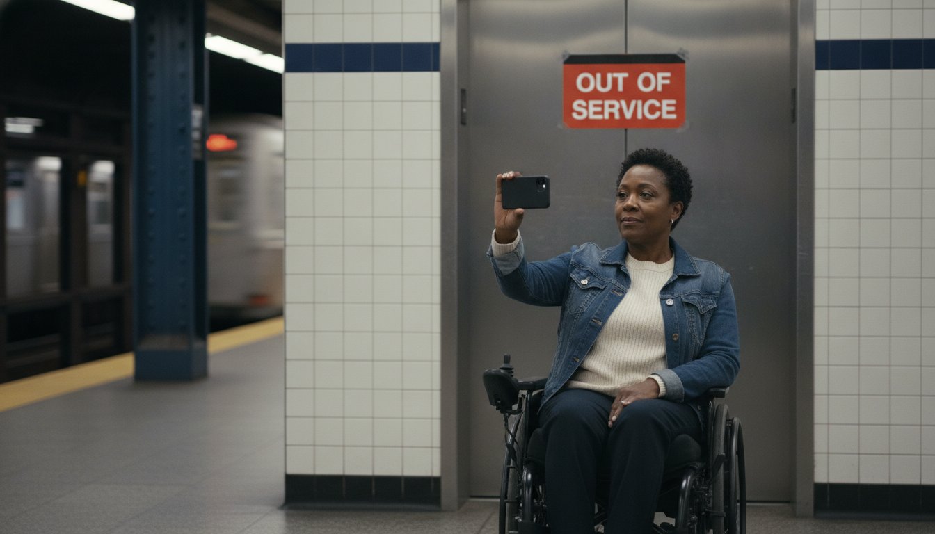 Pasajero con discapacidad esperando junto a un autobús y una estación de metro en la Ciudad de Nueva York