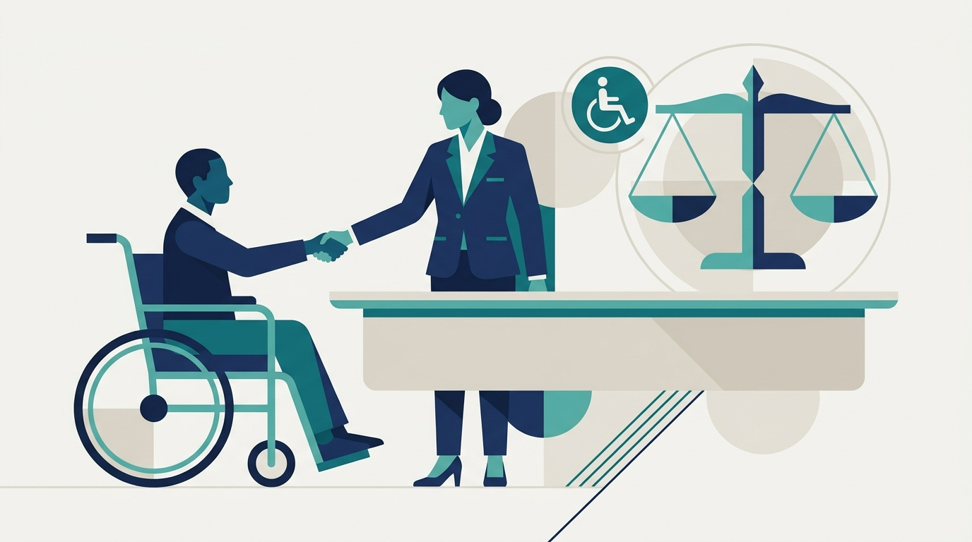 Illustration of a person using a wheelchair shaking hands with a legal advisor, with scales of justice and an accessibility icon, symbolizing equal rights and legal protection for disabled New Yorkers