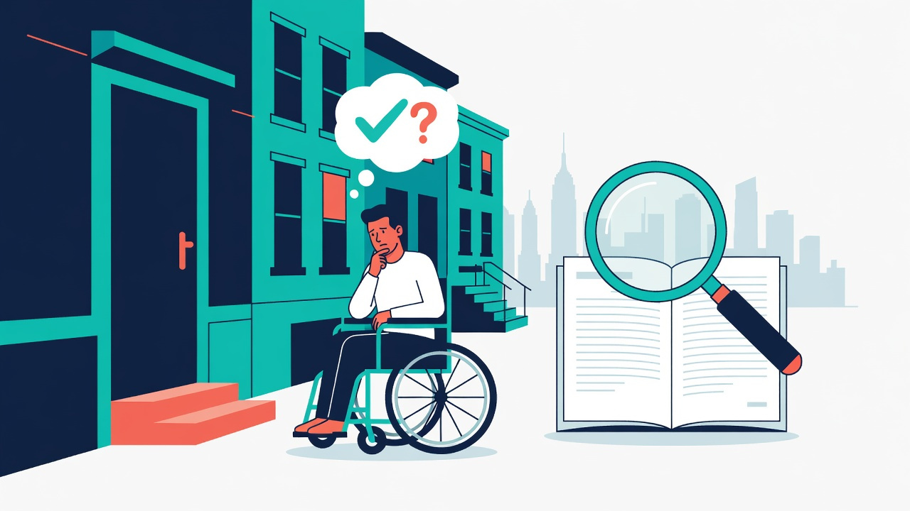 Flat illustration of a person in a wheelchair outside a New York storefront weighing whether they have an ADA case, with a magnifying glass over a rights document