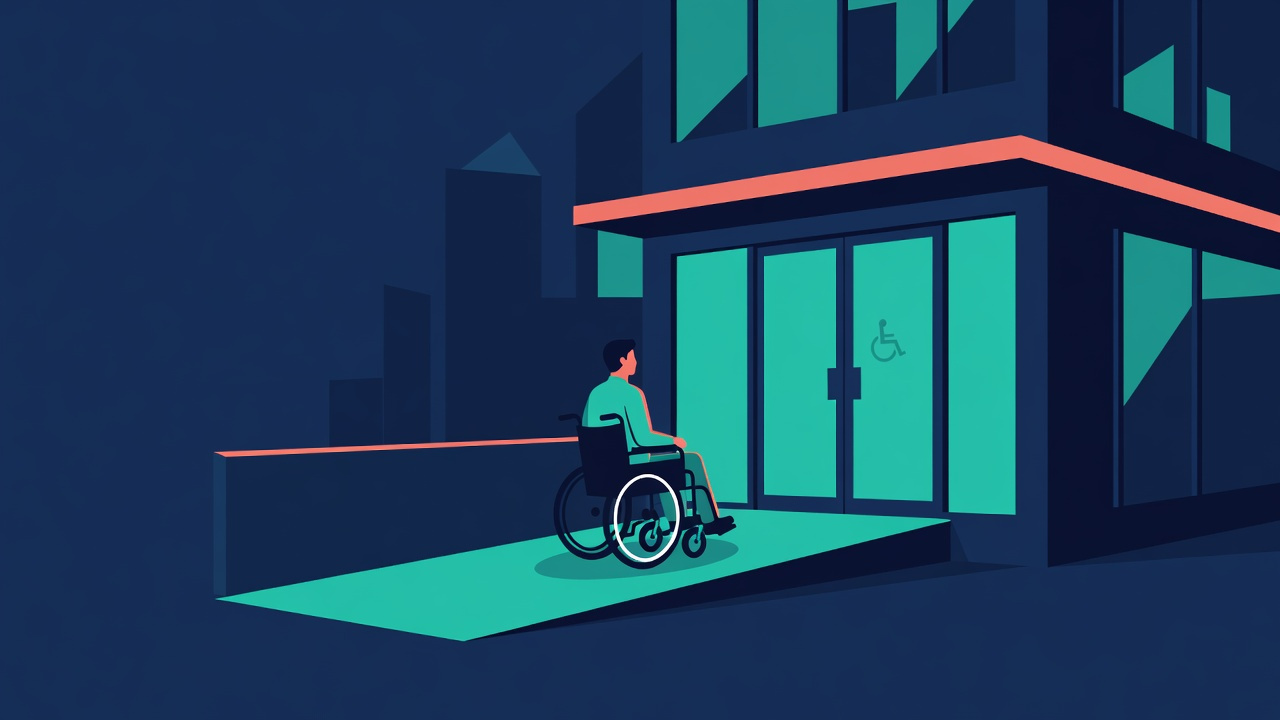 Flat illustration of a person using a wheelchair approaching an accessible New York doctor’s office with a ramp and a wide automatic door marked with the wheelchair accessibility symbol.