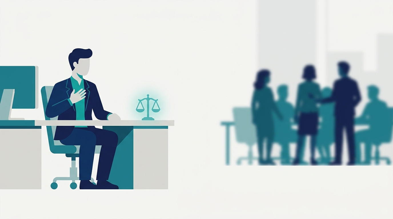 Flat vector illustration of an employee coping with the emotional toll of workplace discrimination in New York, protected by glowing scales of justice