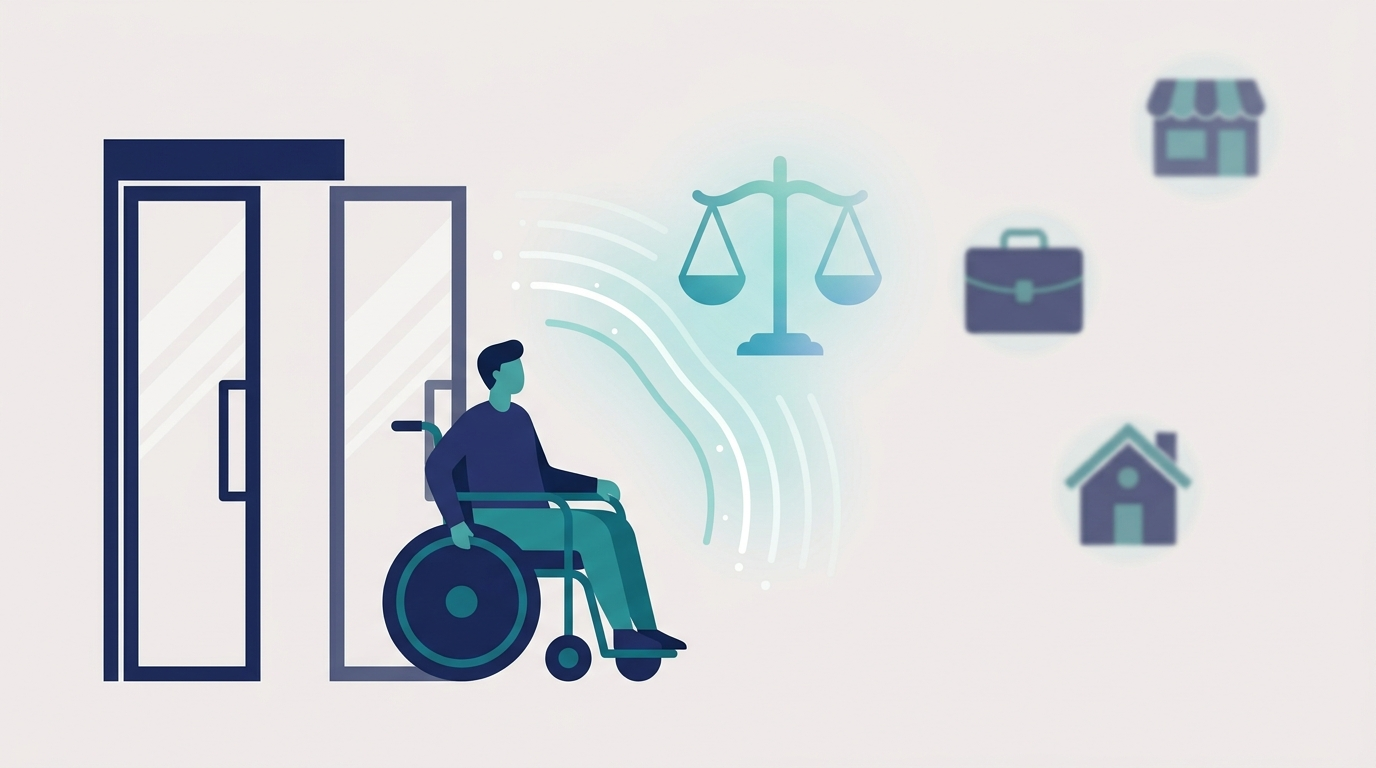 Flat vector illustration of a person using a wheelchair facing a business doorway, with glowing scales of justice symbolizing legal protection