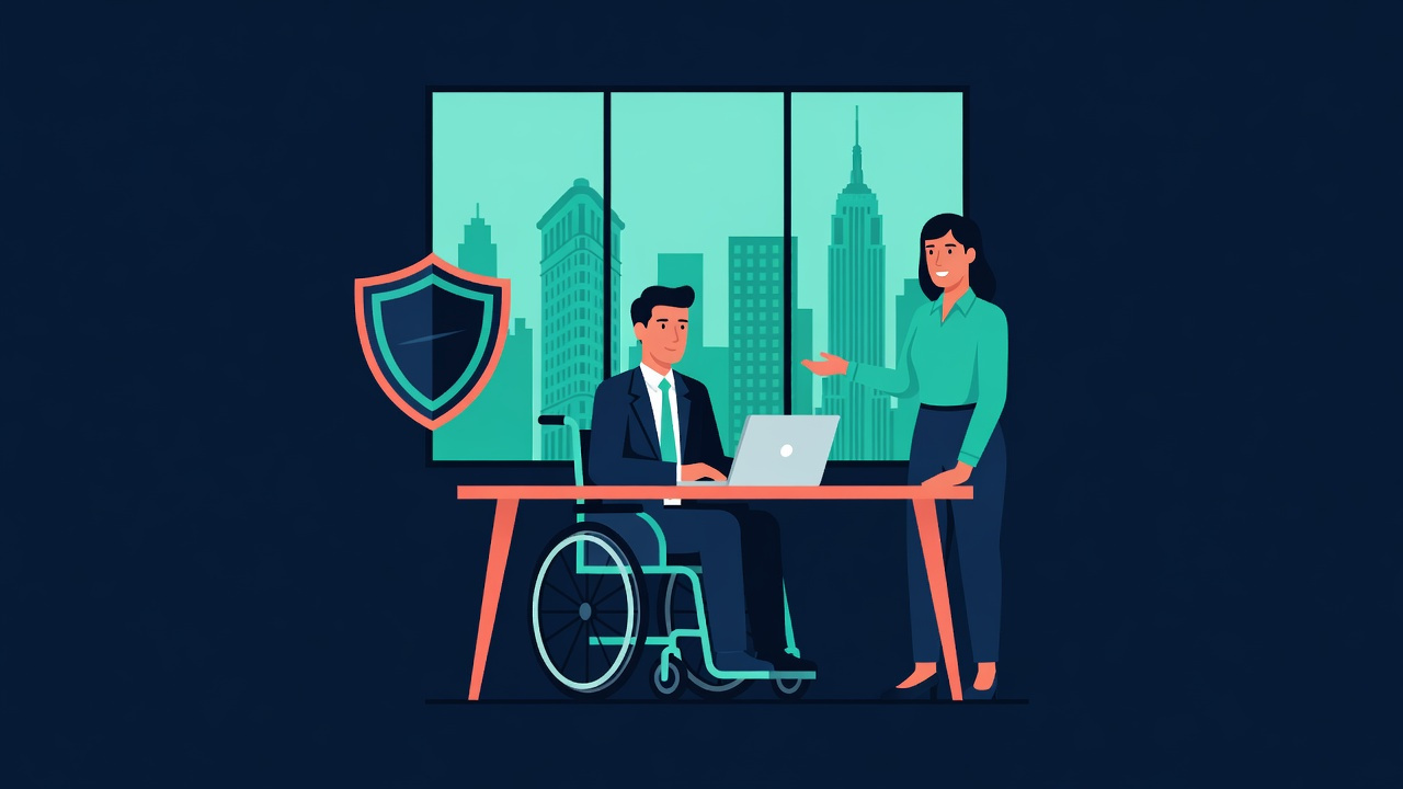 Flat vector illustration of a New York office worker using a wheelchair at a laptop with a supportive colleague, the Manhattan skyline, and a legal-protection shield representing employment disability rights