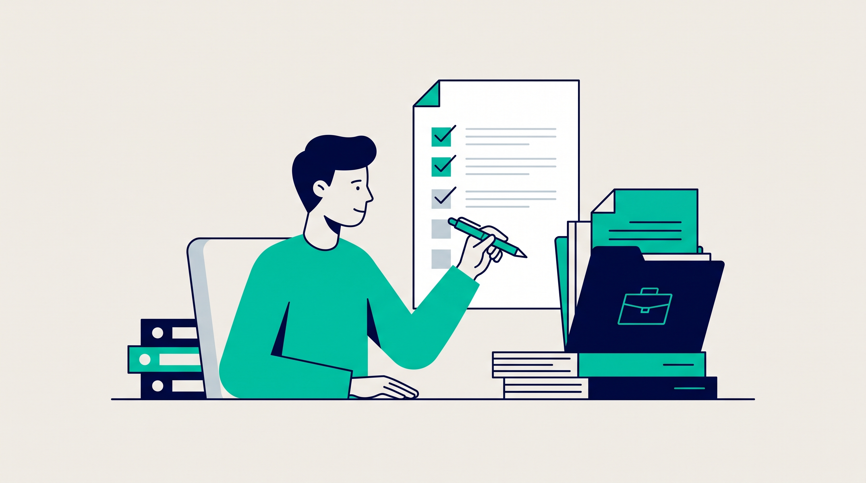 Illustration of a person completing an employment discrimination questionnaire checklist at a desk with case files
