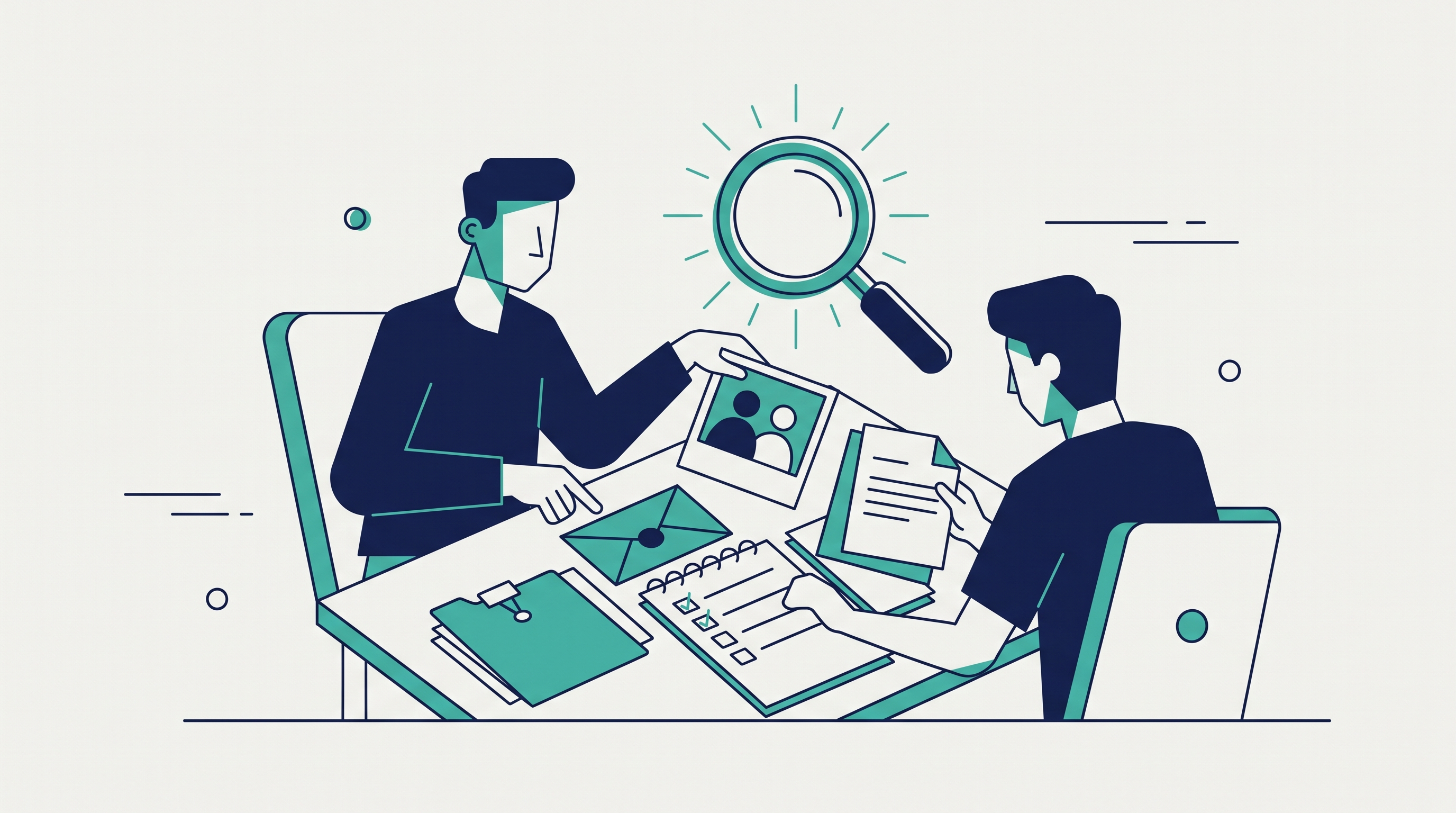 Flat vector illustration of two people organizing documents, photos, and a checklist on a desk with a magnifying glass, building an evidence file for a discrimination case