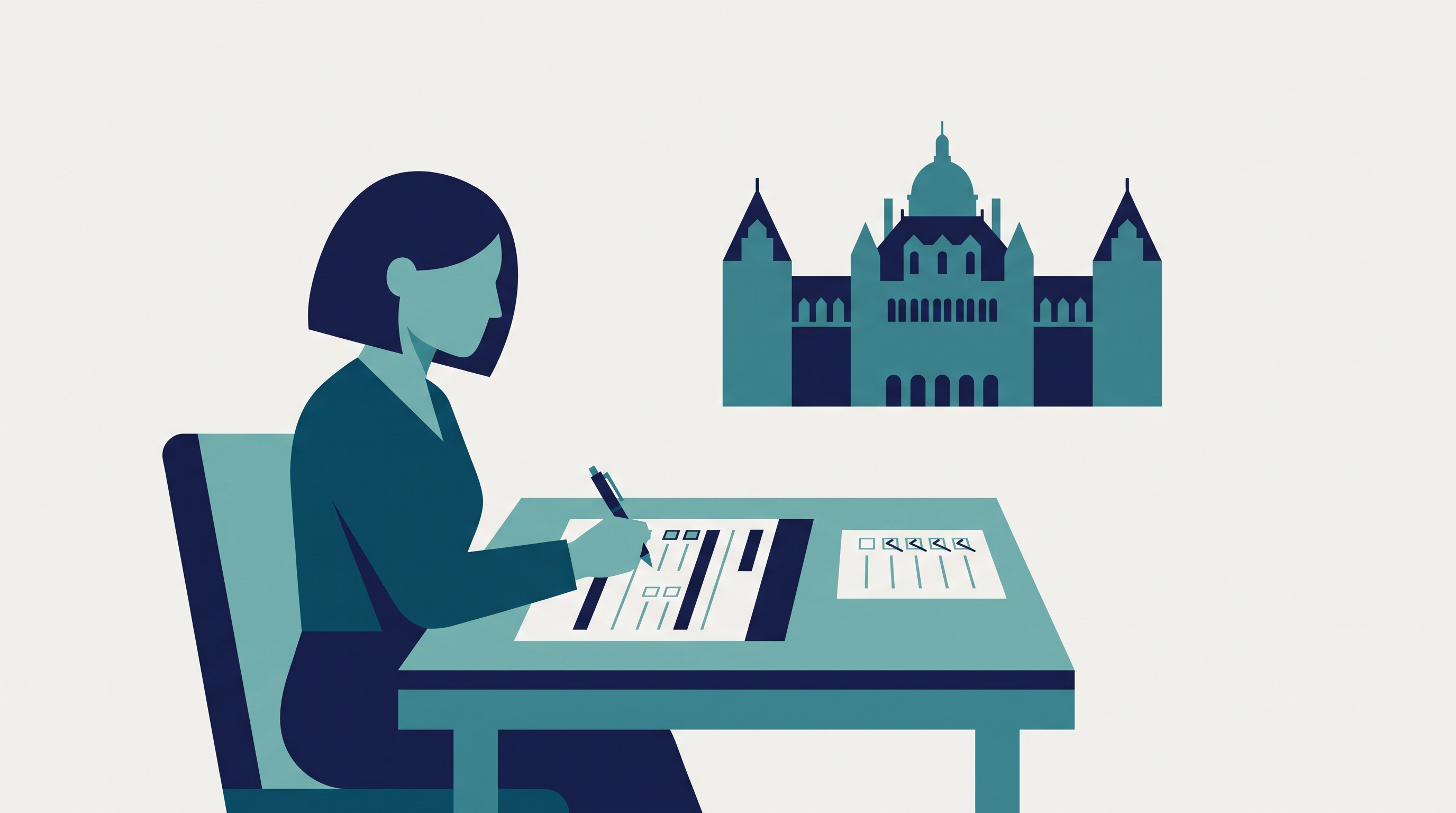Flat vector illustration of a person independently filling out a discrimination complaint form at a desk, with a New York State government building in the background