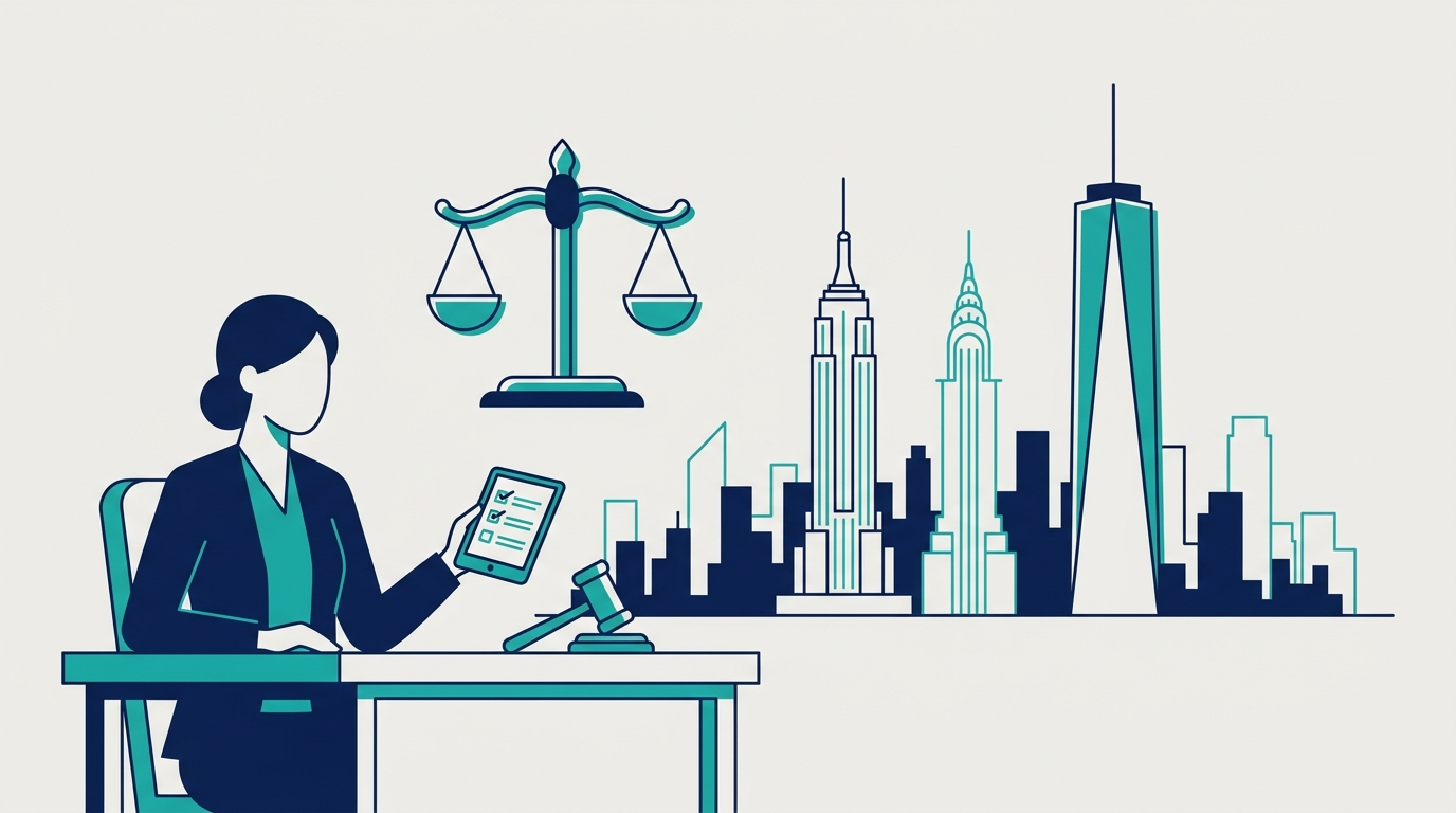 Flat vector illustration of a professional reviewing a claim checklist beside a scale of justice, with the New York City skyline in the background, representing disability discrimination claim assistance in New York
