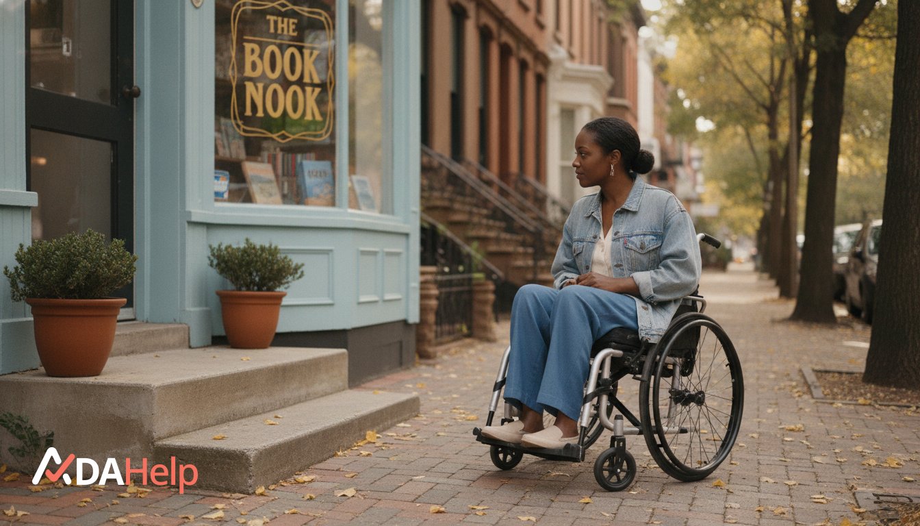 Person navigating an inaccessible Brooklyn storefront entrance