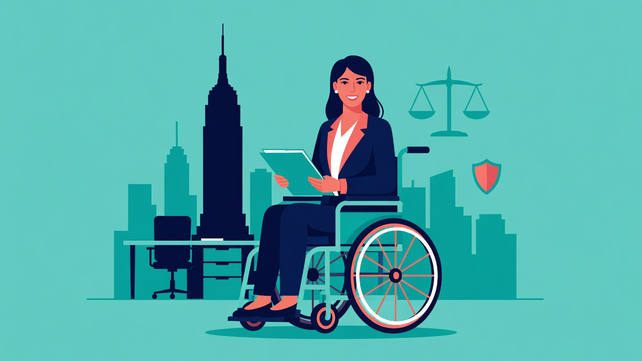 Flat illustration of a confident professional woman in a wheelchair holding a folder in front of the New York City skyline, with justice scales and a shield symbolizing disability employment rights.