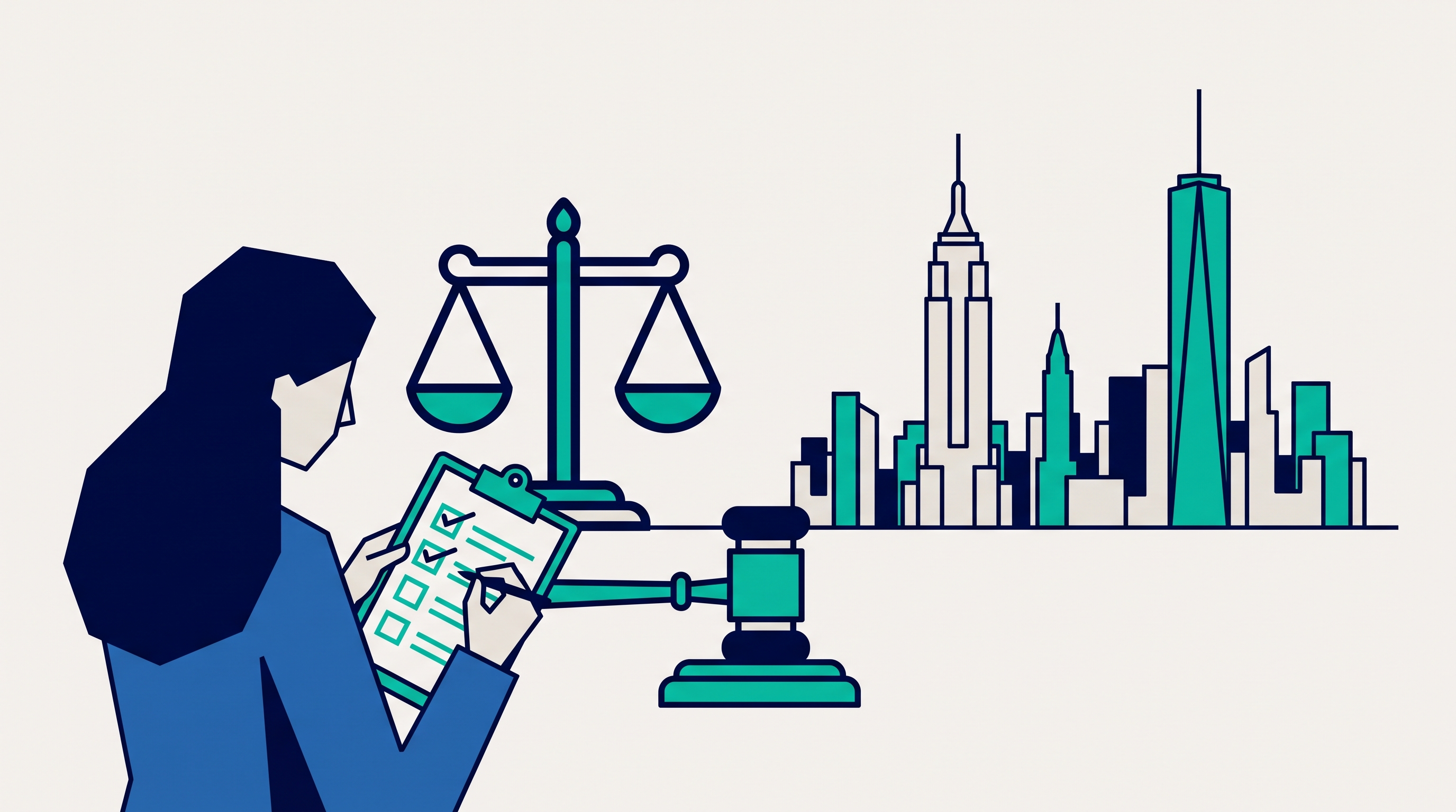 Illustration of a woman reviewing a case-evaluation checklist beside scales of justice and a gavel, with the New York City skyline in the background