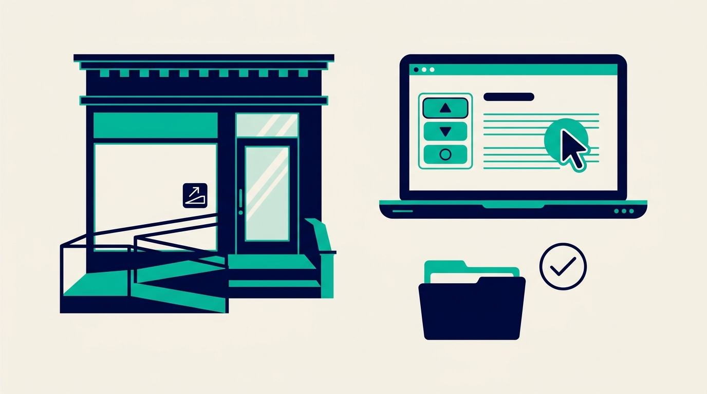 Ilustración de un escaparate de Nueva York con rampa de acceso junto a una laptop con una interfaz accesible y un expediente de caso