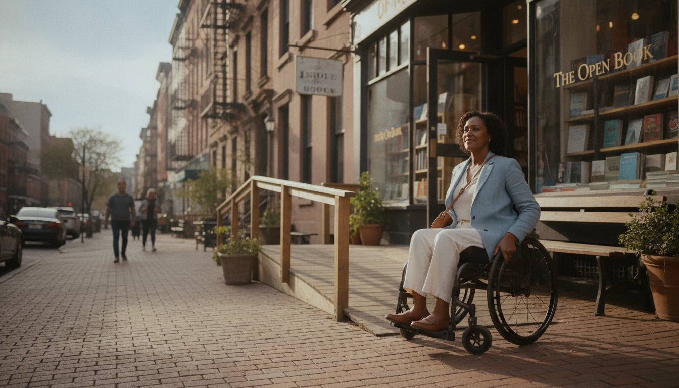 Cliente con discapacidad frente a la entrada de un negocio de Nueva York con una barrera de acceso