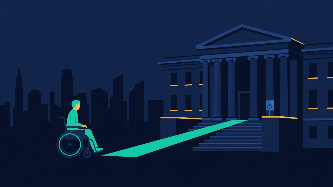 Illustration of a wheelchair user heading toward an accessible teal ramp at a New York government building, with the city skyline behind