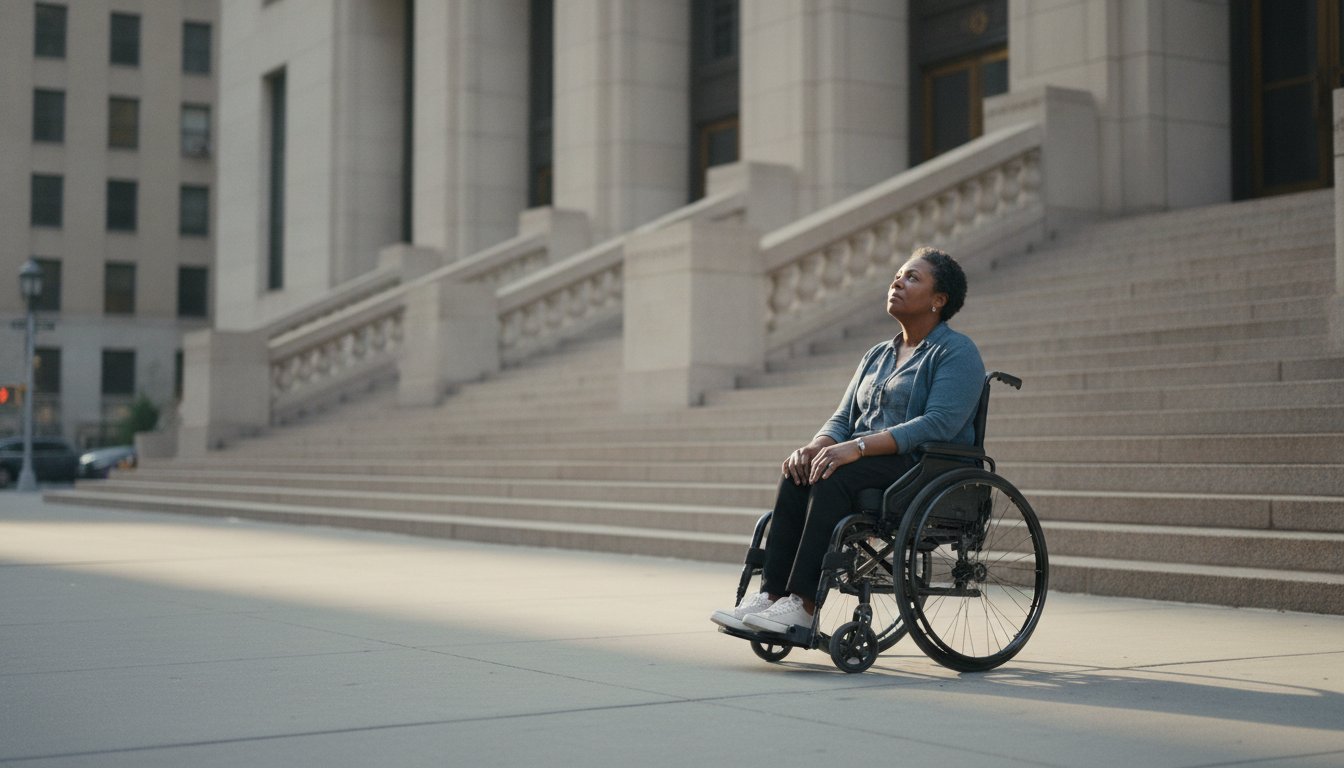Wheelchair user outside a New York government building facing accessibility barriers