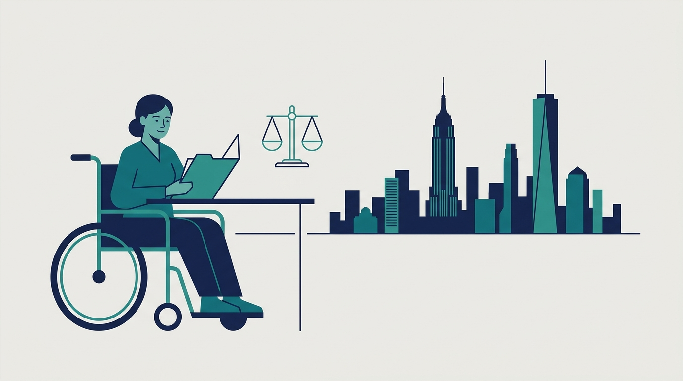 Flat vector illustration of a person in a wheelchair reviewing a case file at a desk, with scales of justice and the New York City skyline in the background