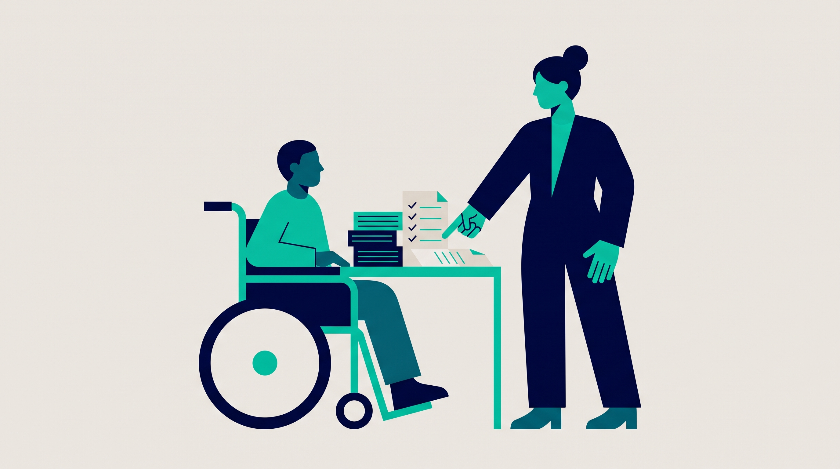 Illustration of a wheelchair user reviewing disability discrimination claim paperwork with an advisor in New York