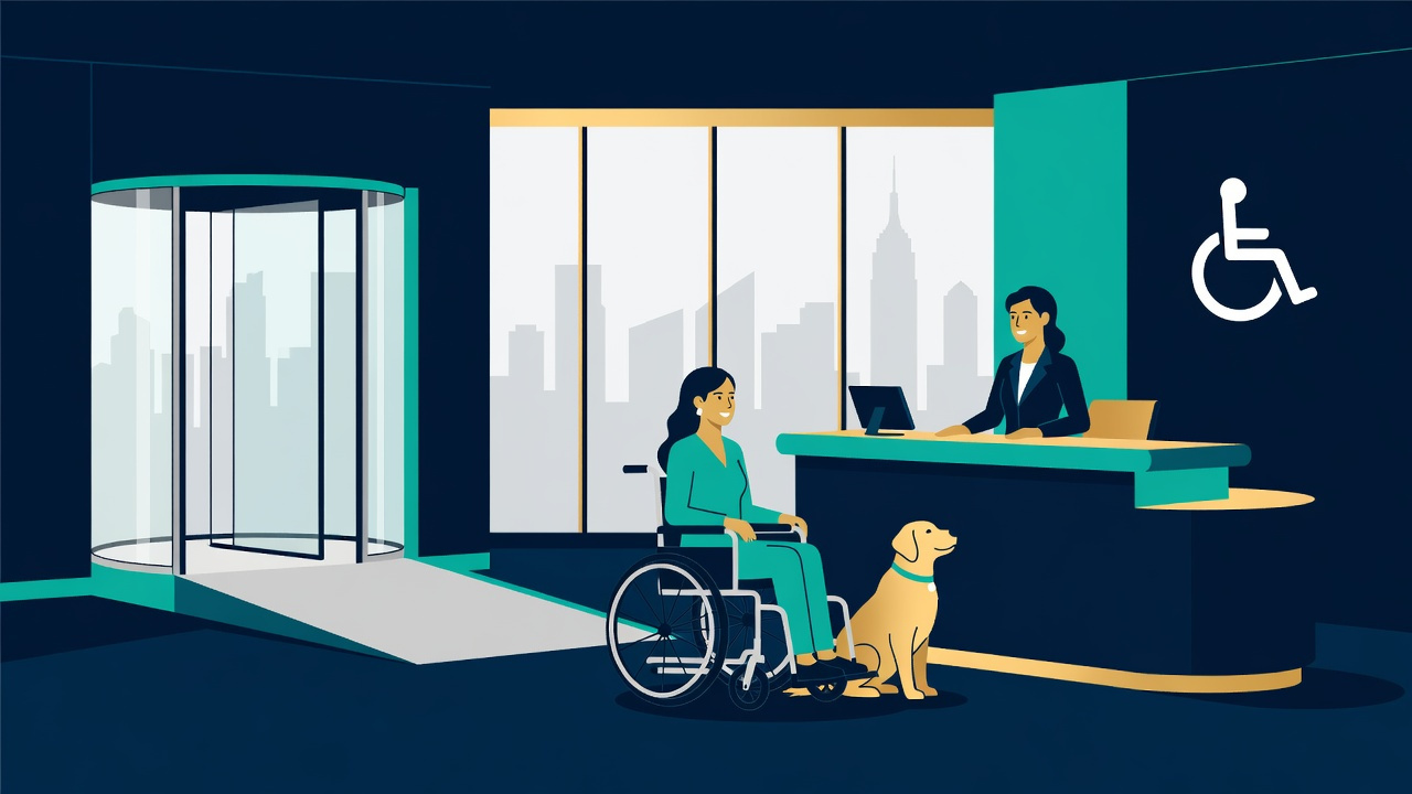Flat vector illustration of a wheelchair user with a service dog being welcomed at an accessible New York City hotel reception desk, with an entry ramp and Manhattan skyline in view