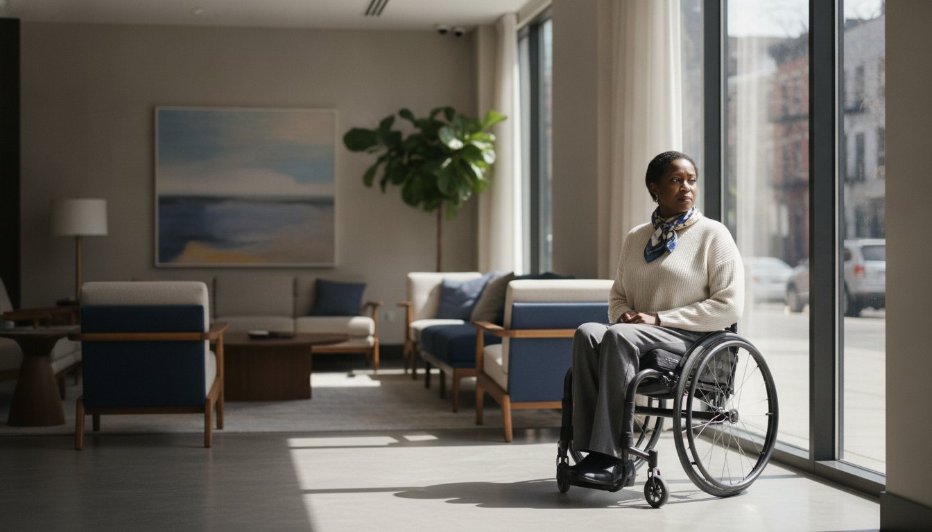 A woman using a wheelchair sits in a sunlit New York hotel lobby beside floor-to-ceiling windows overlooking the street