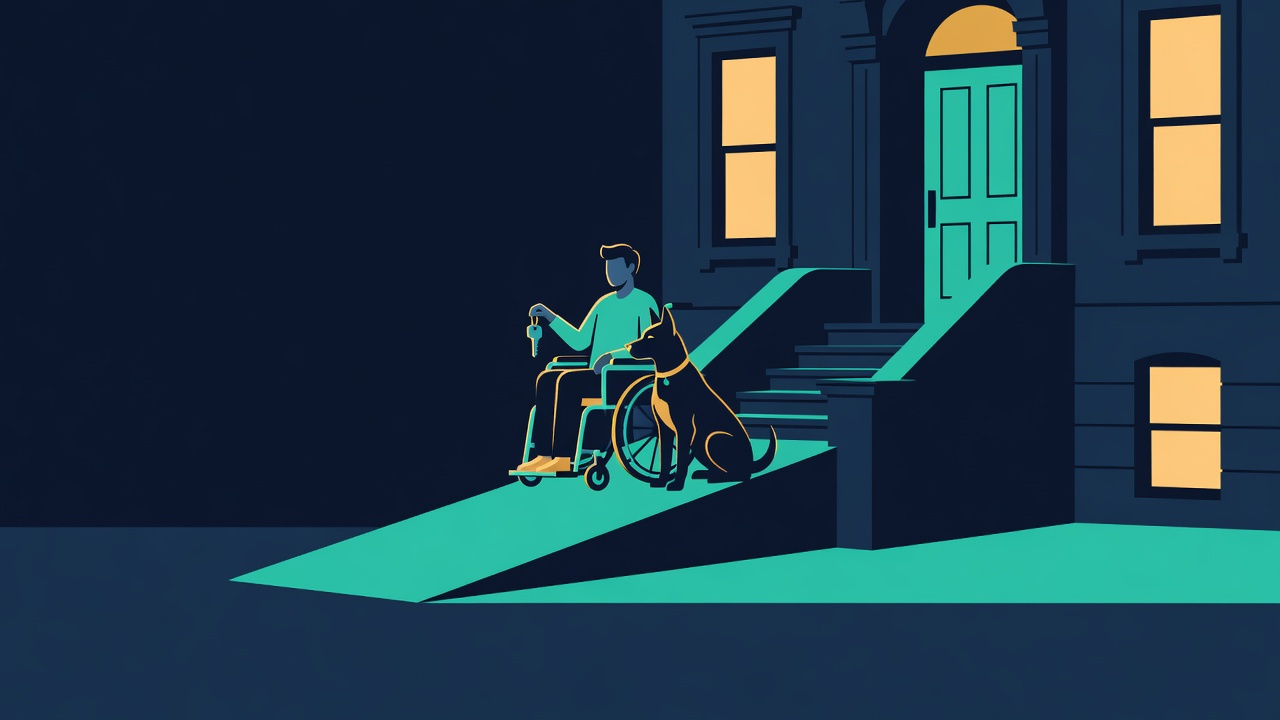 Flat illustration: a wheelchair user with a service dog reaches their New York brownstone front door via a ramp, holding house keys — accessible, fair housing