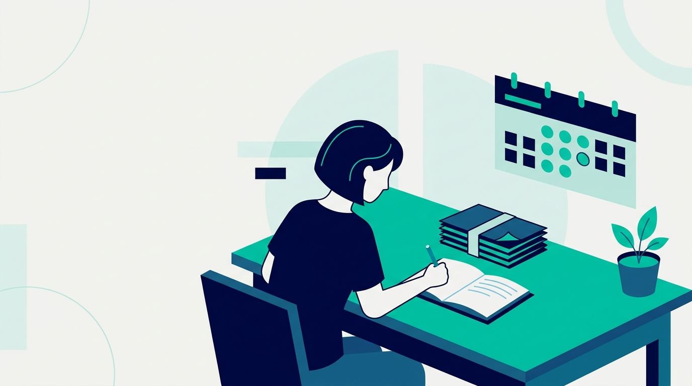 Illustration of a person privately documenting workplace disability harassment in a journal, with an organized calendar and files nearby