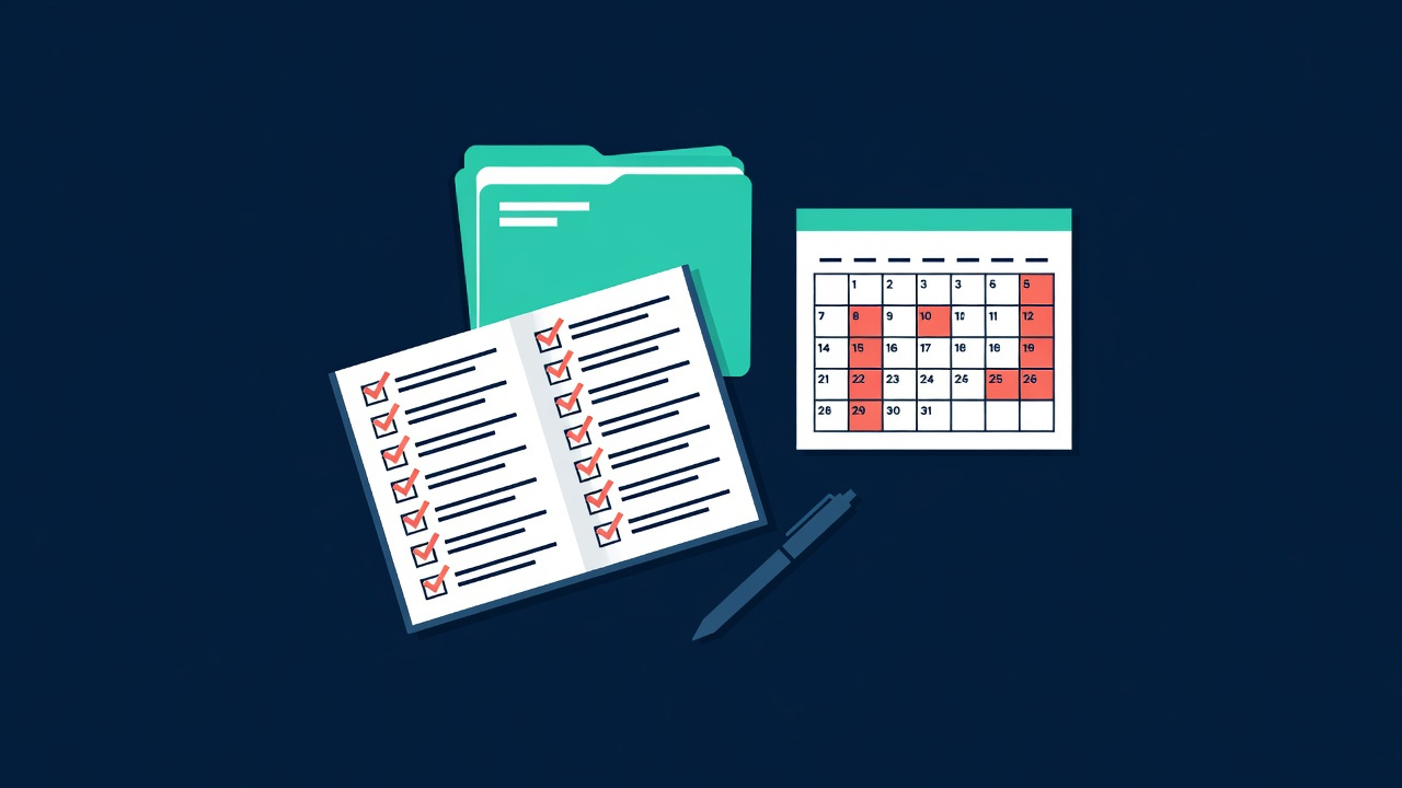 Flat illustration of an open checklist notebook with checkmarks, labeled folders, a calendar, and a pen — organizing evidence to document workplace discrimination in New York.