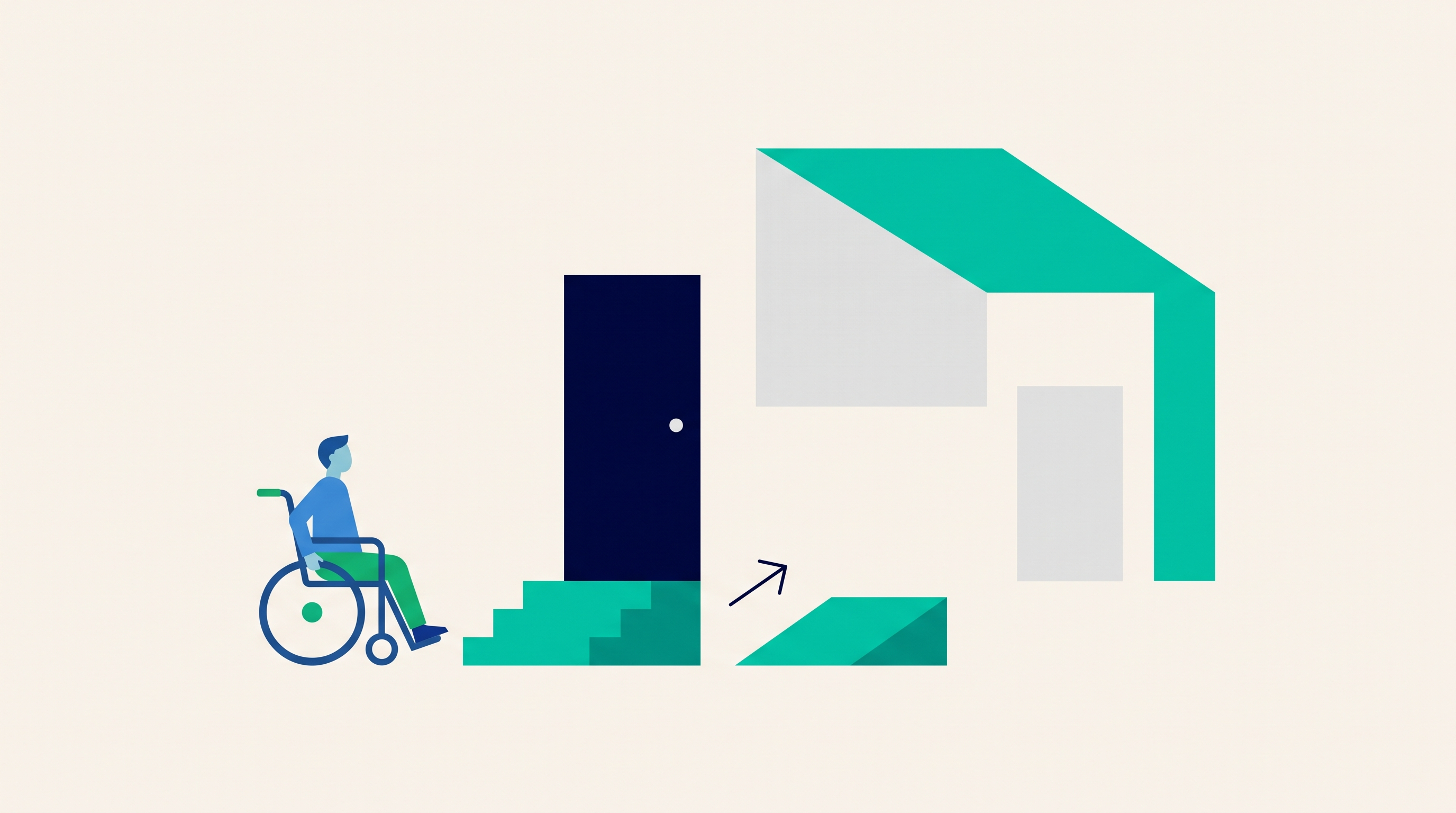 Flat vector illustration of a wheelchair user facing a heavy door and steps outside a medical office, with an accessible ramp nearby