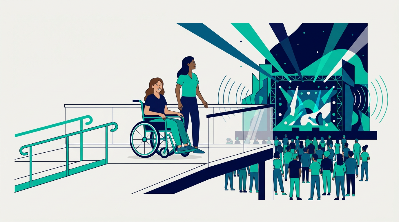 Illustration of a wheelchair user and a companion watching a concert from an elevated accessible viewing platform