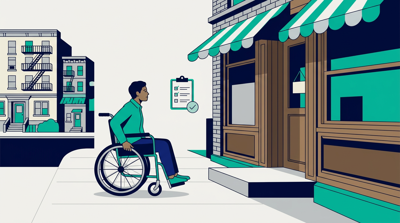 Flat vector illustration of a wheelchair user pausing at a stepped storefront entrance on a Queens street, symbolizing a disability access complaint