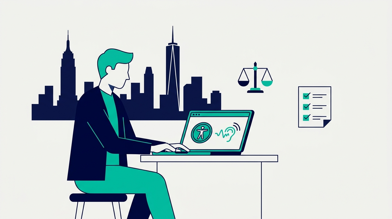 Flat vector illustration of a person filing a website accessibility complaint online, with the New York City skyline, an accessibility icon, and scales of justice in the background