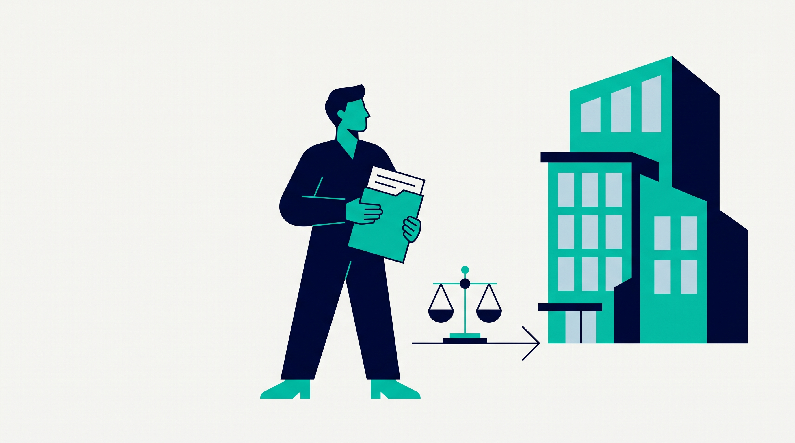 Flat vector illustration of an employee holding case documents beside a scale of justice, walking toward an office building to file an ADA discrimination complaint in New York