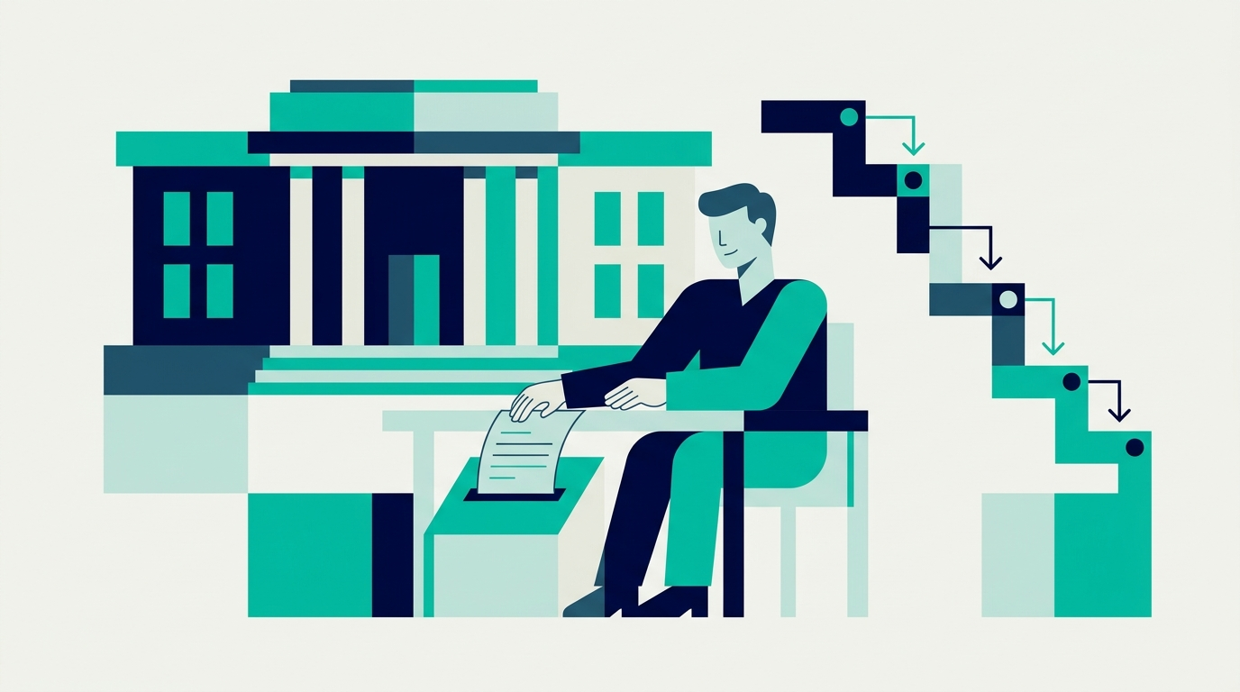Ilustración plana de una persona presentando un formulario de queja de la ADA ante una agencia gubernamental, con una línea de tiempo escalonada de plazos de presentación