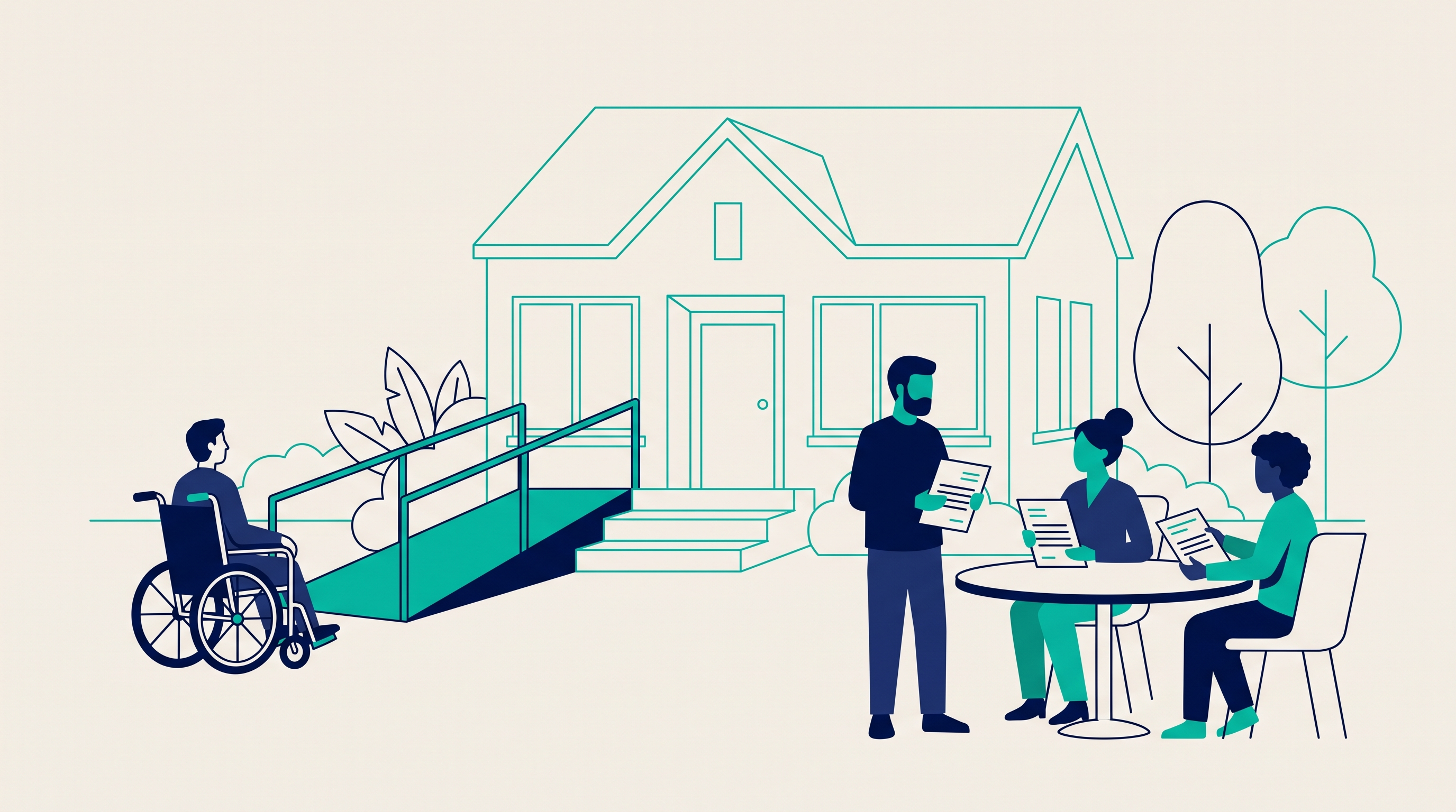 Illustration of a wheelchair user approaching an accessible ramp at a townhome while an HOA board reviews an accommodation request at a nearby table