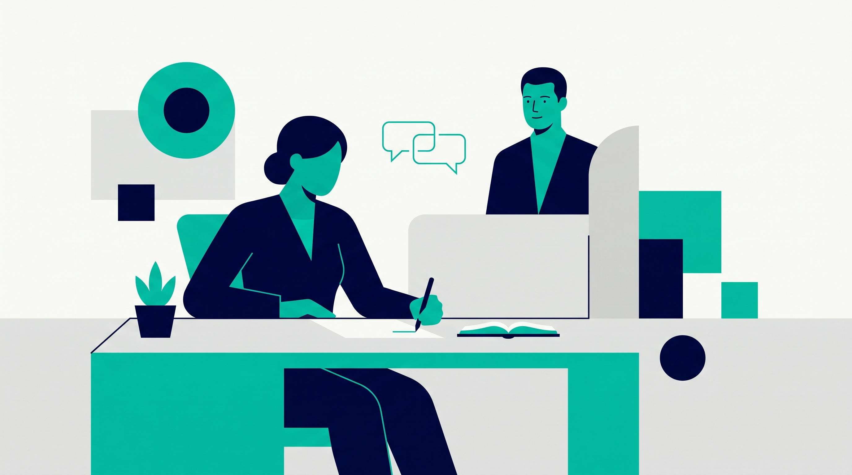 Illustration of an employee formally requesting a mental health workplace accommodation during a supportive conversation with a manager