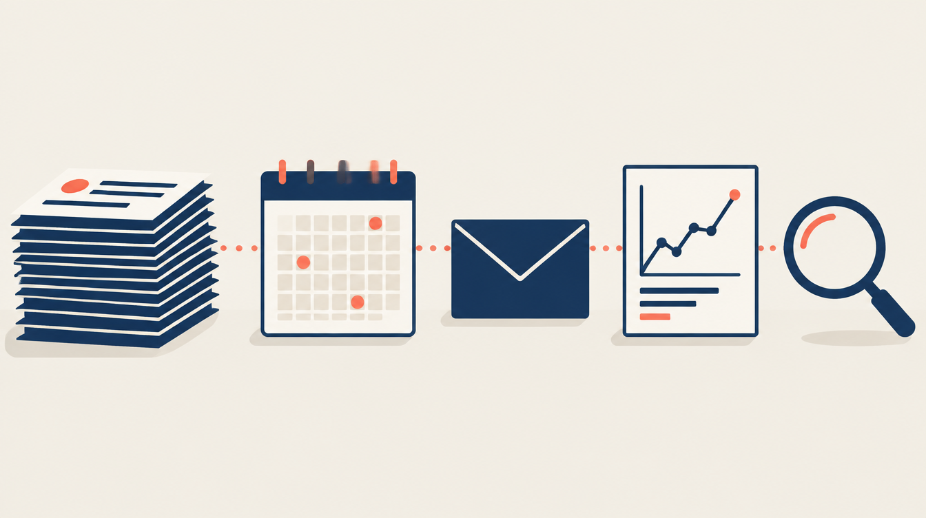 Flat editorial illustration of a stack of documents, a marked calendar, an envelope, a line chart and a magnifying glass linked by a dotted timeline, in navy, coral and cream.