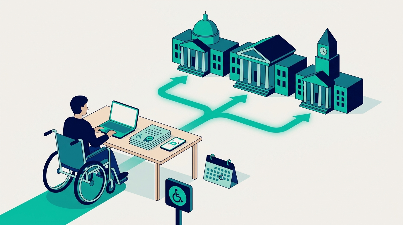 Flat vector illustration of a wheelchair user at a desk with a laptop, evidence documents and a deadline calendar, with arrows leading to three government agency buildings representing where to report disability discrimination in New York