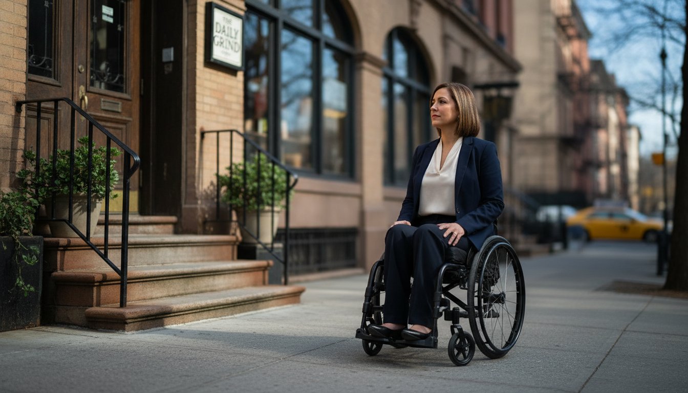 A disabled New Yorker outside an inaccessible business, documenting a barrier before reporting a business for ADA non compliance NYC
