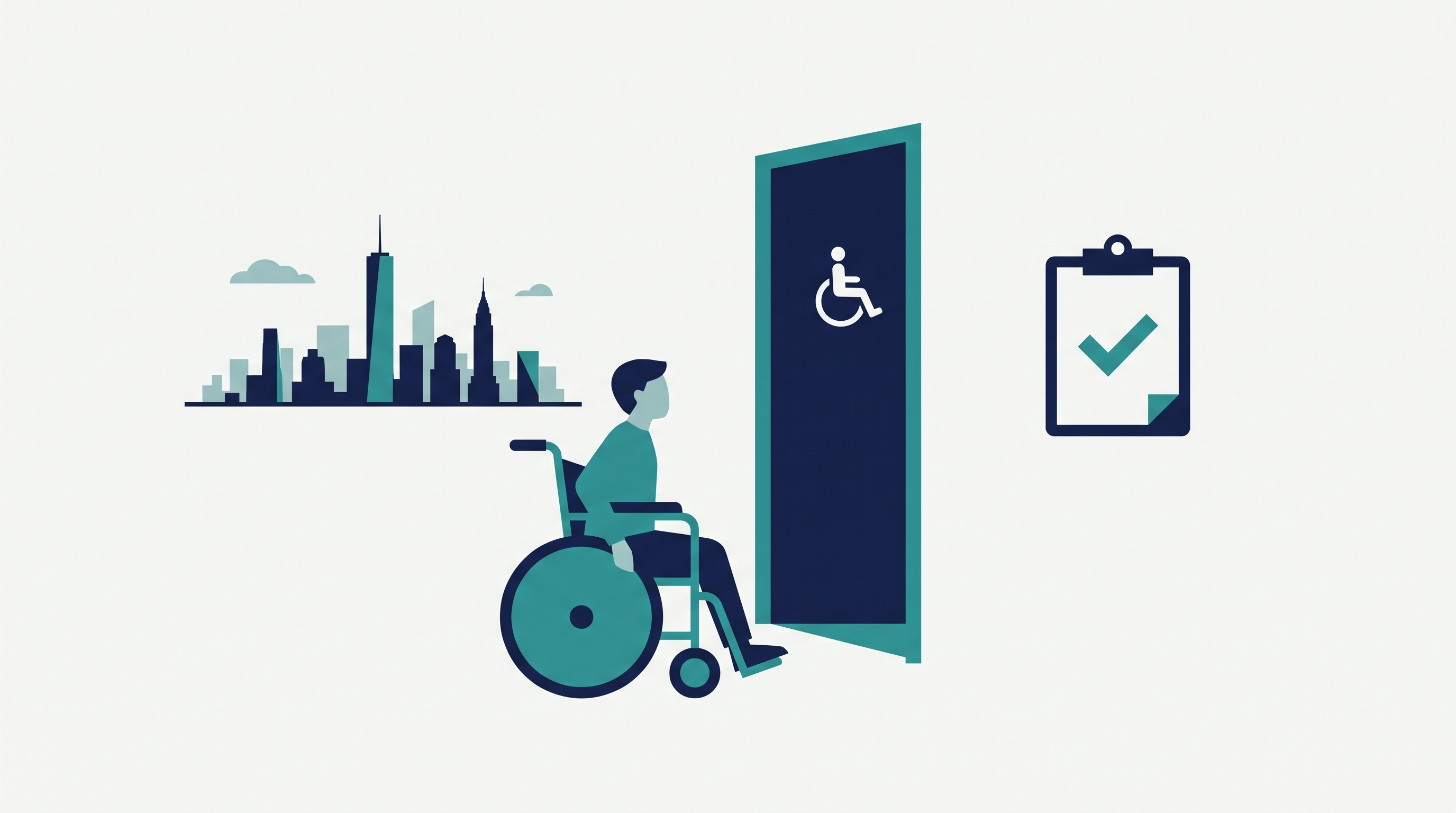 Flat vector illustration of a wheelchair user approaching an accessible restroom door beside a filing checklist icon and NYC skyline