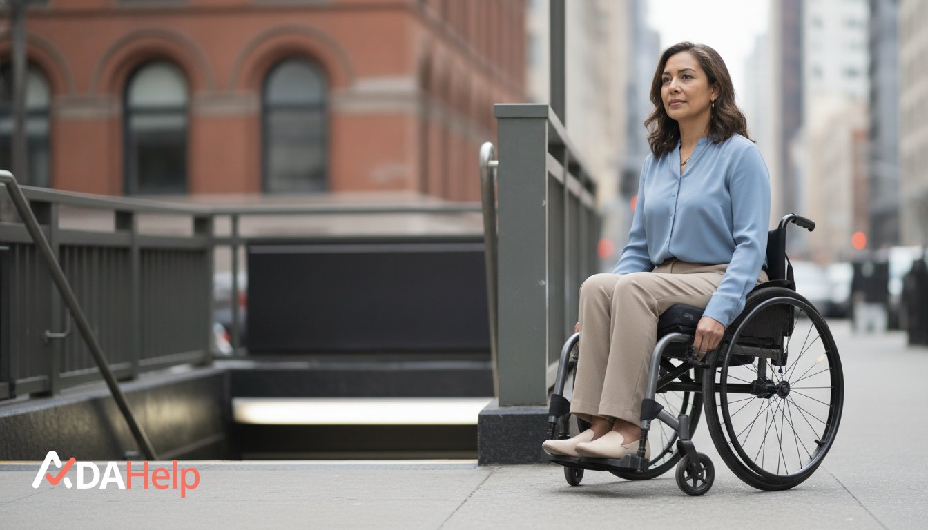 Wheelchair user stopped at a broken subway elevator in New York City, unable to reach the platform