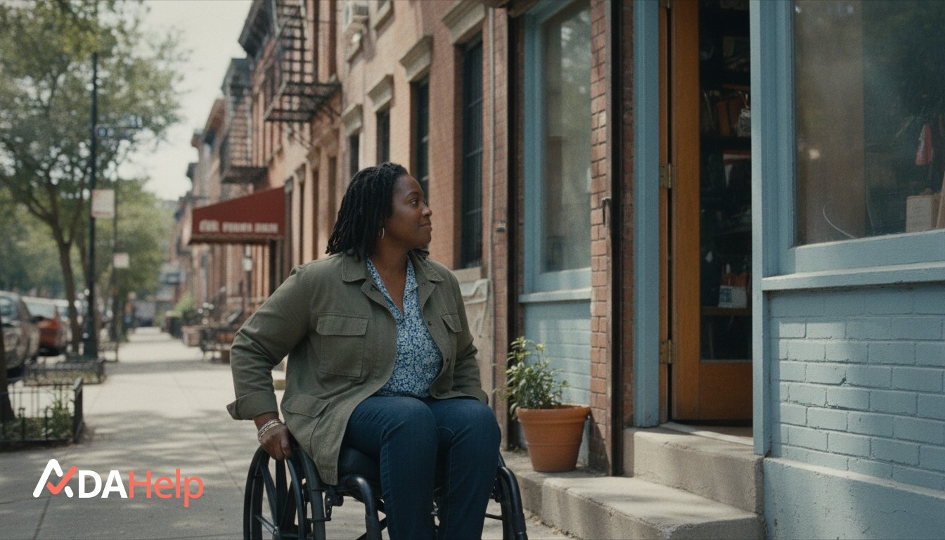 A Brooklyn retail storefront entrance with a single step and no ramp, a common accessibility barrier for shoppers who use wheelchairs