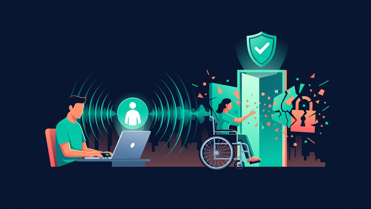 Flat illustration of digital accessibility rights in New York: a screen-reader user at a laptop, a wheelchair user reaching an open doorway, a broken padlock, and a legal-protection shield with a checkmark.