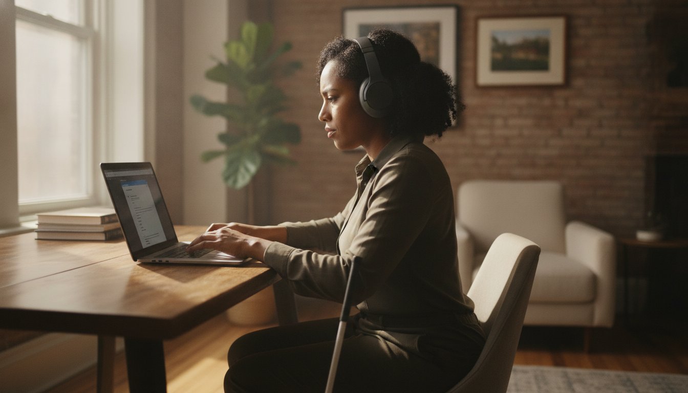 A New Yorker with a disability using a laptop to access an online service, facing a website accessibility barrier