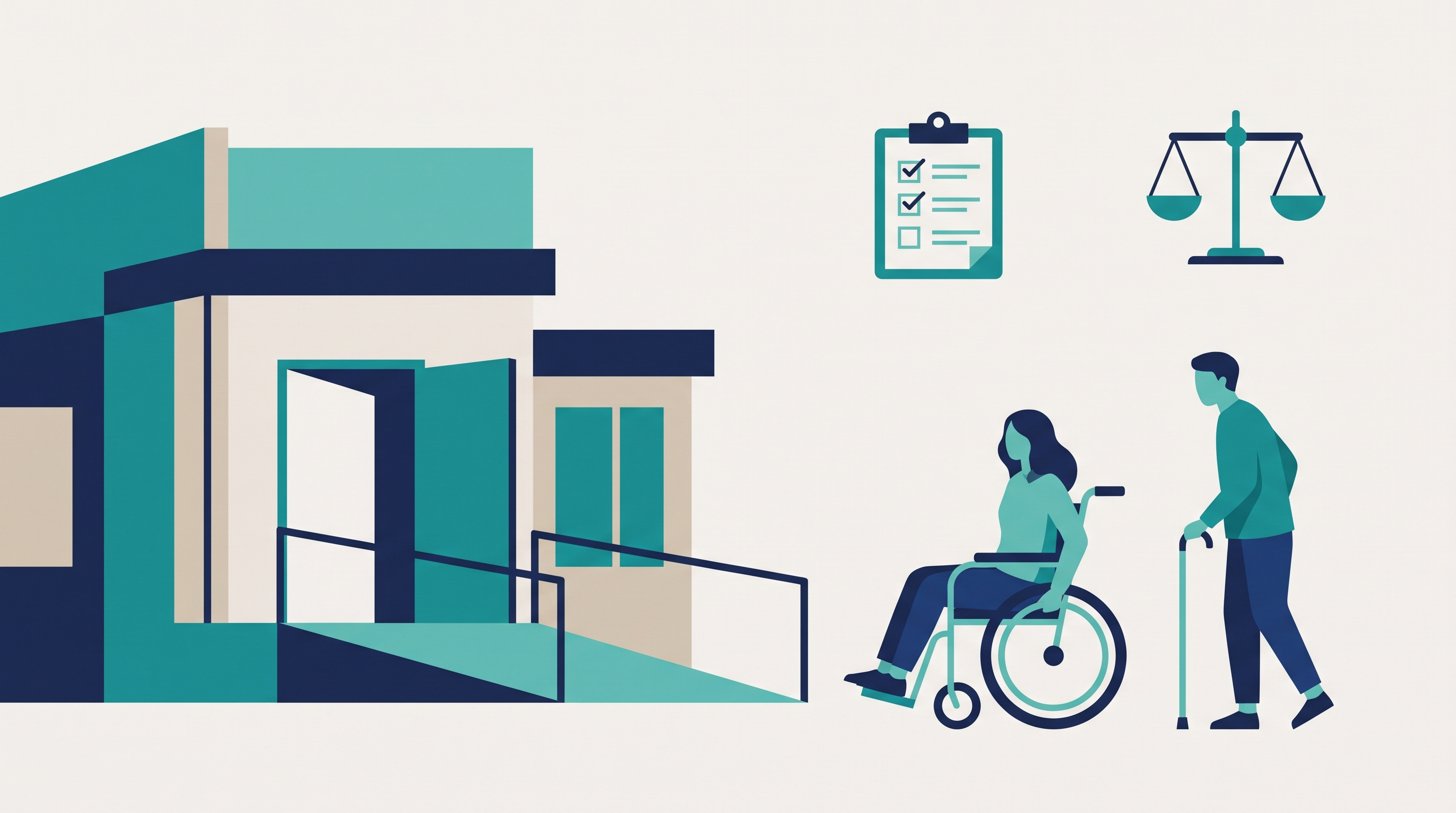 Flat vector illustration of a wheelchair user and a cane user approaching an accessible independent living center entrance in New York