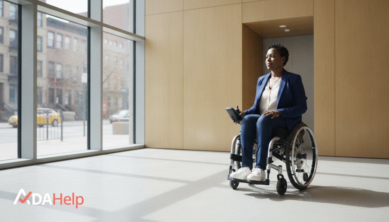 Person using a wheelchair approaching the entrance of an independent living center in New York