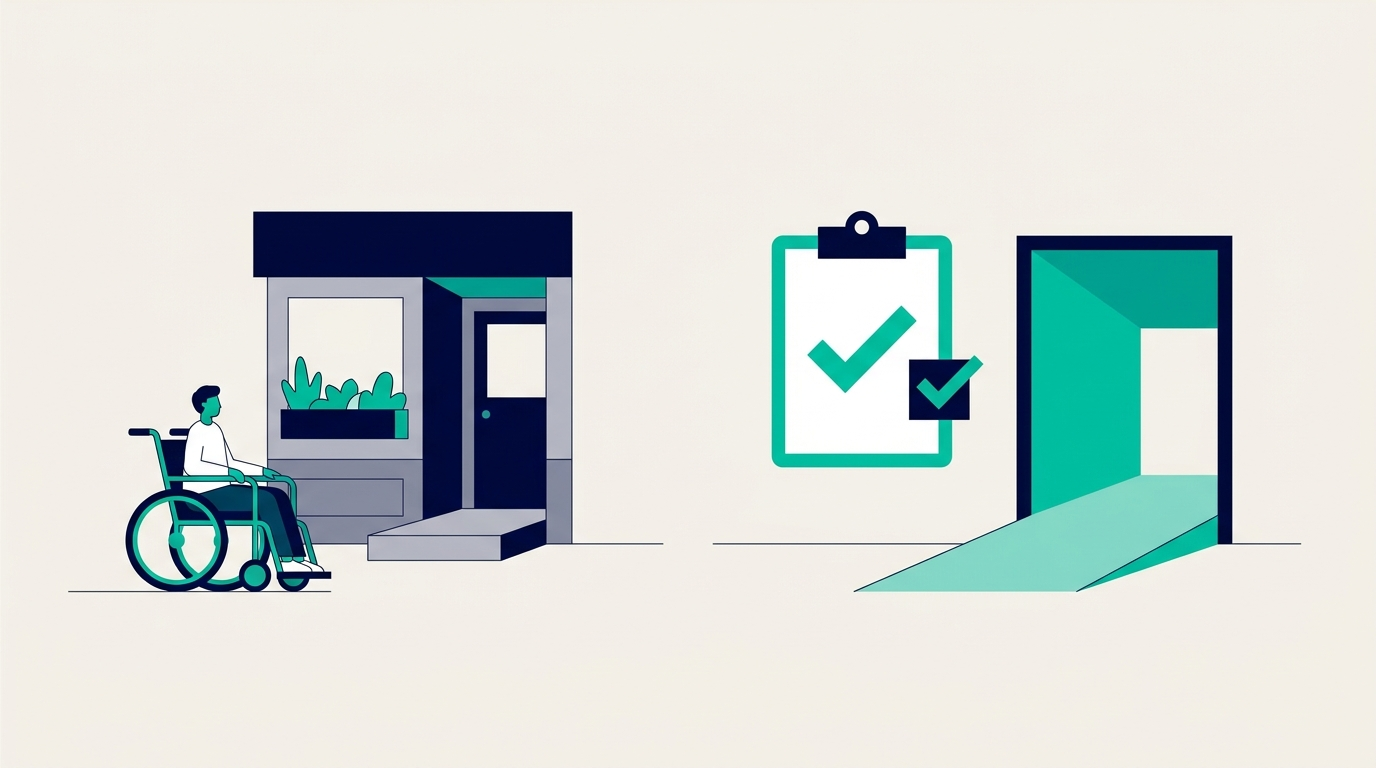Flat illustration of a wheelchair user at a NYC storefront with a step and no ramp, beside a checklist and an accessible ramped doorway
